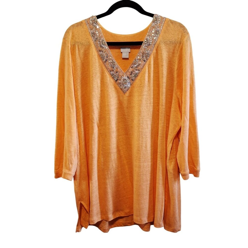 Chico's 4  Womens Embellished V-Neck Orange Linen Sequin Tunic Top 3/4 Sleeves
